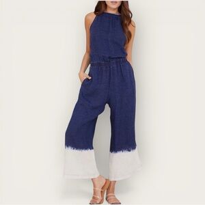 NWOT Bella‎ Dahl Bleach Dip Wide Leg Linen Jumpsuit Medium Vacation Resortwear
